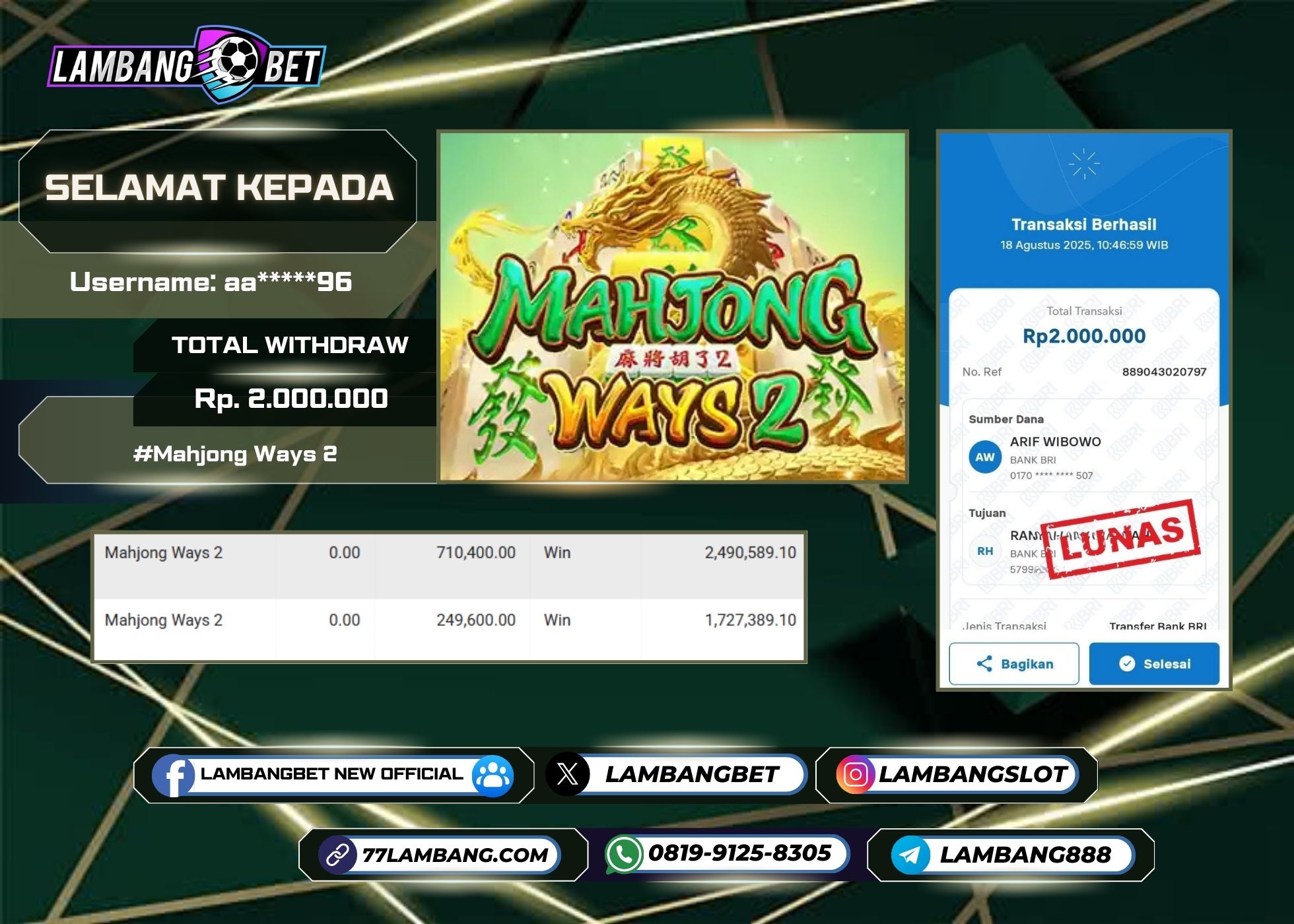 LAMBANGBET [18 AUGUST 2025] JACKPOT SLOT Mahjong Ways 2 "Rp2.000.000" LUNAS